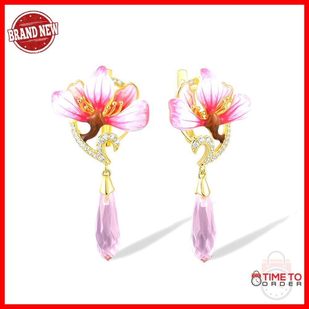 925 Sterling Silver Enamel Flower Drop Earrings with Gemstone